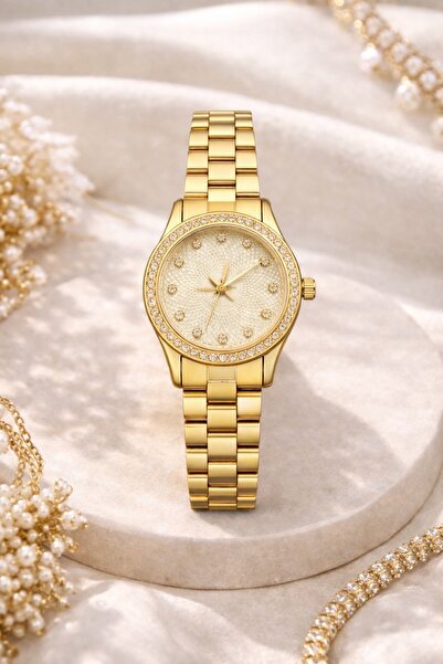 Nicevia ساعة نسائية فاخرة بقرص أبيض وسوار ذهبي مرصع بالأحجار