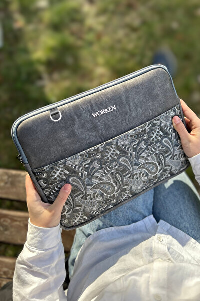 worken 13-14 بوصة، حزام كتف، مقبض يدوي، حافظة تابلت، طاردة للماء، مقاومة للصدمات، نمط شال رمادي