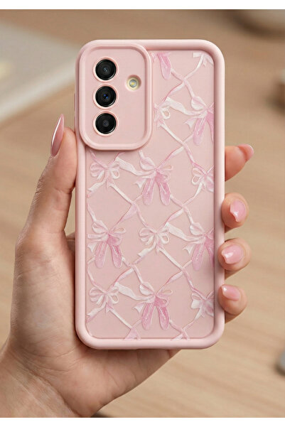 Rivor Samsung Galaxy A56 Uyumlu Kılıf Fiyonk Kurdele Desenli Pastel Pembe Şık...