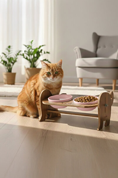 GOBYPET Ahşap Özel Isim Baskılı, Kedi Mama Seramik Su Kabı Standı Hediye Kedi...