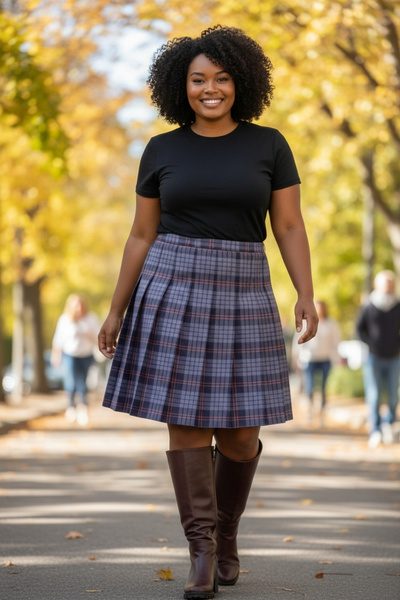 modayiğit Gri turuncu çizgili pileli ekose kadın etek