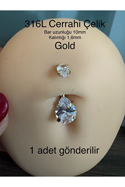 Bylin Cerrahi Çelik Damla Zirkon Taşlı Gold Göbek Piercingi - 1 Adet