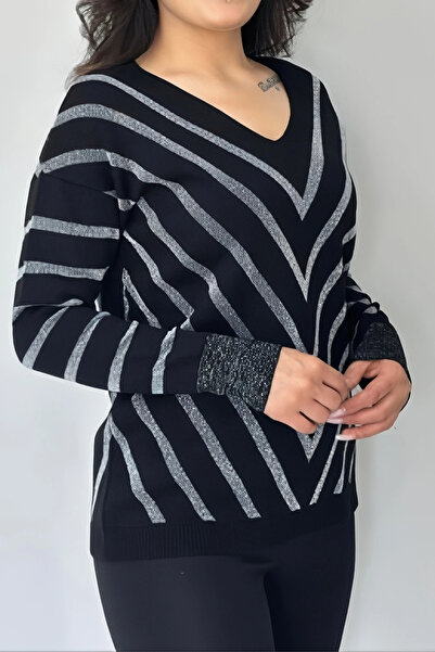 Bİ.GİYSEN Bluză pentru femei, tricotată din material elastic, cu dungi diagonale strălucitoare, negru-gri, cu decolteu în V