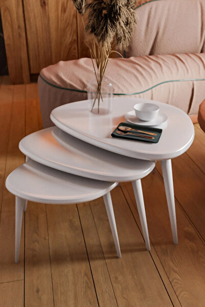 vornom Ahşap Zigon Sehpa Takımı Ercol Style Boyalı, Oturma Odası Mobilya 3'lü...