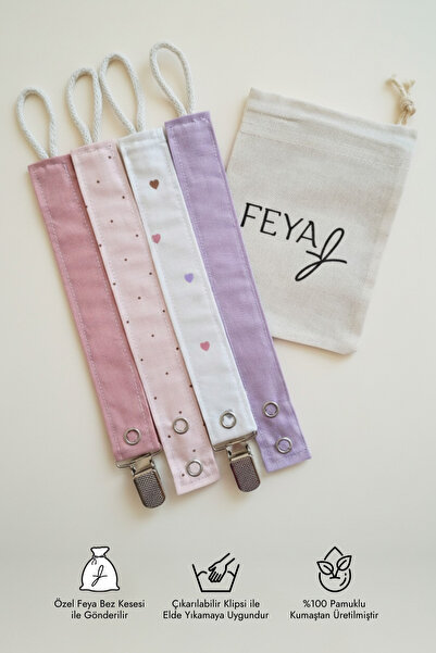 Feya Vika 4'lü Kalp & Nokta Desenli & Düz Pamuklu Yıkanabilir Emzik Askısı - ...