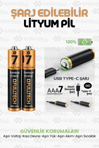 Enshall AAA Type-c Şarj Edilebilir İnce Kalem Pil 1.5V Fulltech 800mWh Kapasi...