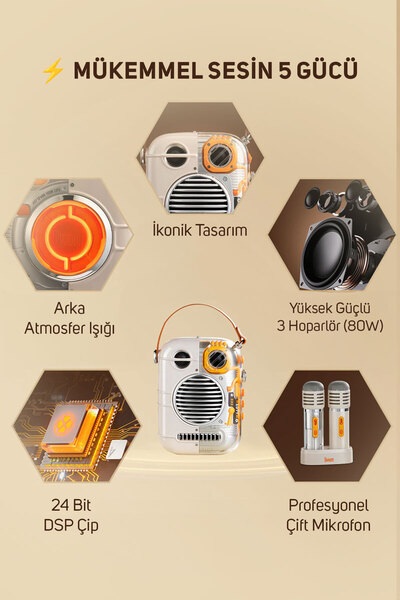 DIVOOM Spark Pro 80W Çift Mikrofonlu Kablosuz Bluetooth Hoparlör, Taşınabilir Ses Bombası, Beyaz