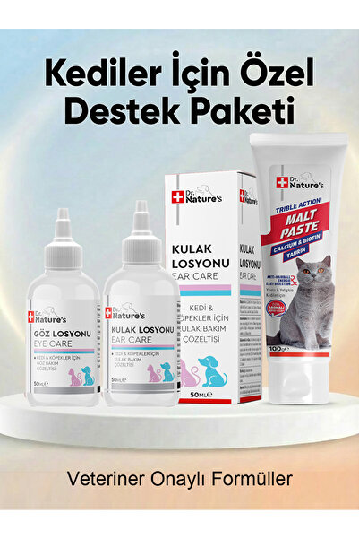 Dr. Nature's Kediler İçin Özel Bakım Seti | Göz ve Kulak Temizleyici + Malt Macunu 100 g