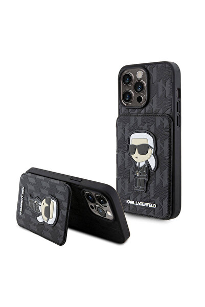 Karl Lagerfeld حافظة آيفون 15 برو ماكس كارل لاغرفيلد مع حامل بطاقة وحامل سافيانو مونوغرام وشعار مميز مرخص باللون الأسود