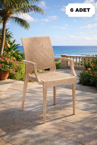 MOBETTO Rosa 6 Adet Rattan Kollu Sandalye, Bahçe&Balkon&Havuz Kenarı Rattan S...