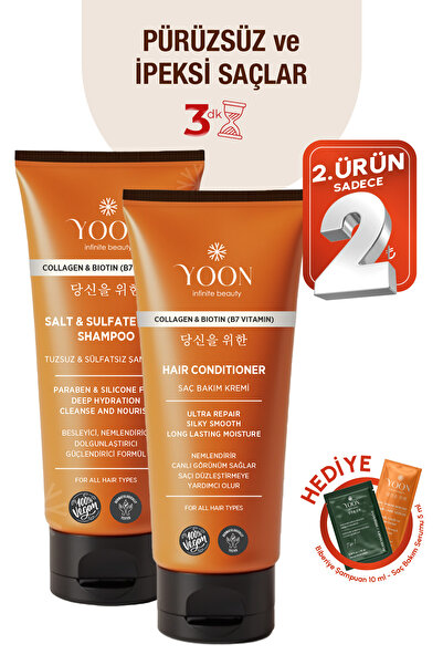 YOON Vegan Tuzsuz Şampuan 250ml & Saç Bakım Kremi 200ml Sülfatsız, Kolajen, Biotinli 2'li Şampuan Ve Krem