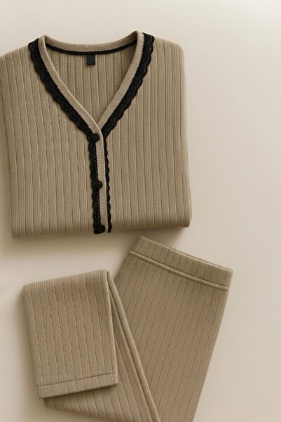 COMBİNE MİCHAİL Women's Lace Basic Brown Pajama Set