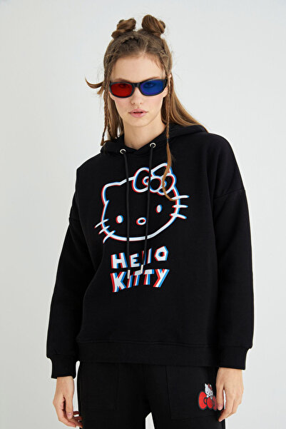 Hello Kitty Lisanslı Baskılı 3D Kapüşonlu Kalın Sweatshirt