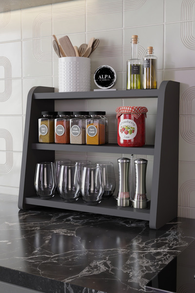 alpaevmobilya 3 Katlı Mutfak Tezgah Üstü Raf - Baharatlık, Kavanoz ve Erzak D...