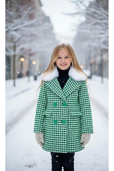 Hilal Akıncı Kids Girl's houndstooth patterned fur collar coat