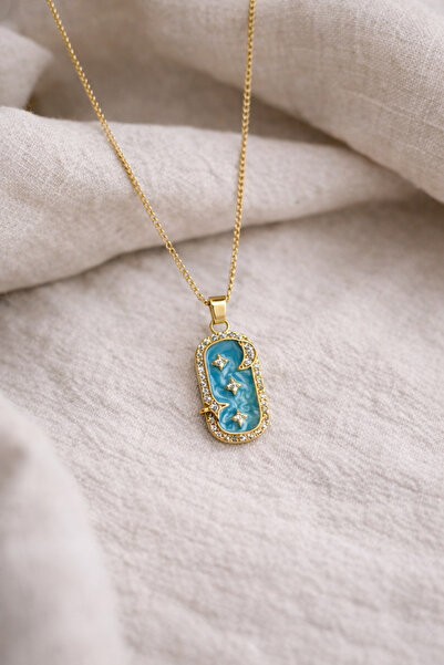 Owentis قلادة جالاكسي من الفولاذ باللون الذهبي والحجر الأزرق - لا تفقد اللون-