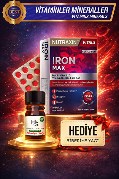 Nutraxin Iron Max Demir Takviyesi 17 mg–(VitaminC,B6, B12-Folik Asit İçeren 30 Tablet) + Hediye Biberiye Yağı