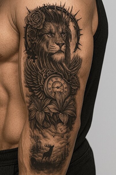 TAKIŞTIR Aslan Figürlü 12 Saat Sonra Kararan Geçici Kol Dövme Tattoo