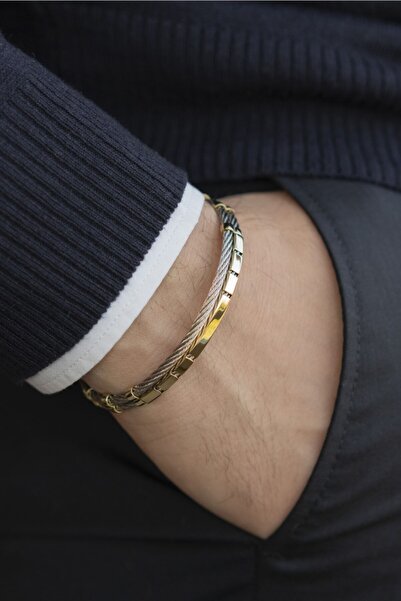 Uşaklıhafız 1945 Örme Çelik Kelepçe Ve 14 Ayar Altın Erkek Bilekliği