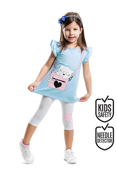Denokids Blau-weißes Sommer-Set aus T-Shirt und Leggings für Mädchen – mit Katzen- und Taschendetail