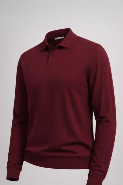 COMBİNE MİCHAİL Men's Basic Loose Burgundy Polo Collar Sweater