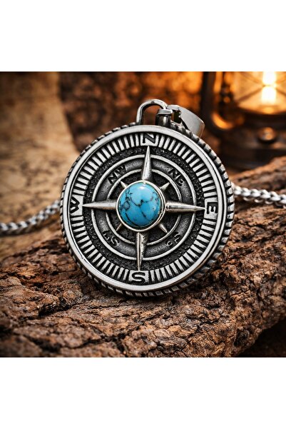 voyageaccessory قلادة بوصلة عتيقة من الفولاذ المقاوم للصدأ باللون الفضي العتي...