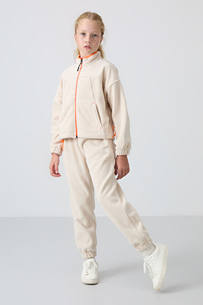 TOMMY LIFE Μπεζ κεντημένο φλις παντελόνι για κορίτσια - Χοντρή μαλακή υφή, St...