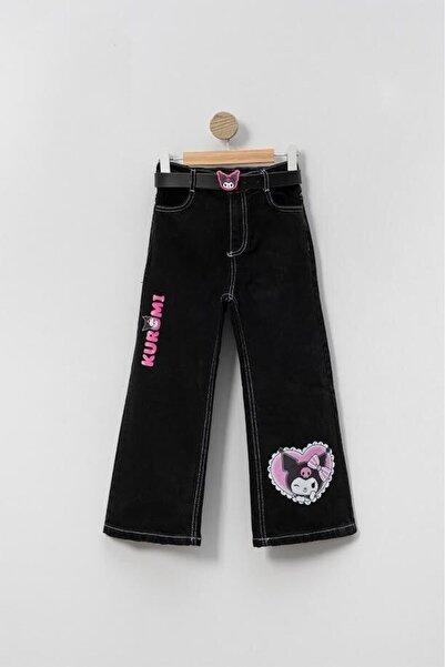 Aymini kids بنطال جينز بناتي مطبوع رقميًا من KUROMI مع حزام