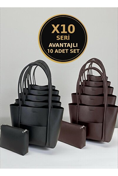 Katusa Kadın Yavrulu Model Siyah Ve Kahve Omuz Çantası-10'lu Avantajlı Toptan Set