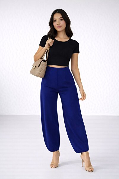 MG GİYİM STORE Crepe Fabric High Waist Balloon Pants Navy Blue Office Casual ...