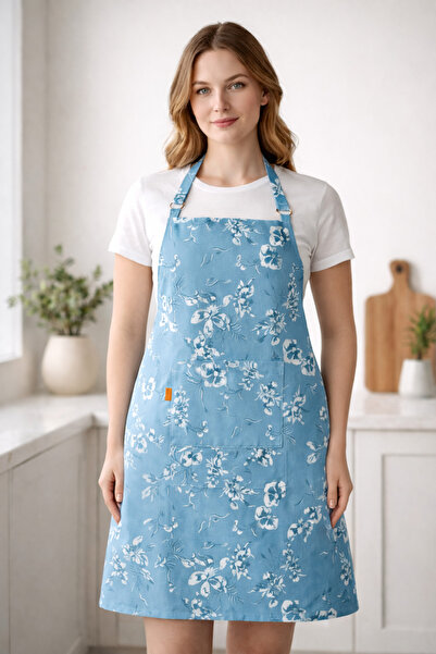 Buemshop Aqua Flora Likralı Pamuklu Denim Mavi Çiçek Desenli Mutfak Önlüğü