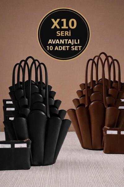 LEATHEROO Geantă de umăr pentru femei, model Magnolia, neagră și maro - Set avantajos de 10 bucăți