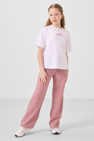 TOMMY LIFE Beyaz-Gül Kurusu O Yaka Baskılı Geniş Paça Standart Fit Kız Çocuk ...