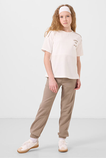 TOMMY LIFE Ecru-Dark Beige O Neck Printed Rubber Leg Standard Fit Girl's Trac...