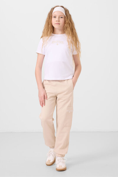 TOMMY LIFE Beyaz-Bej O Yaka Baskılı Lastik Paça Kargo Cepli Kız Çocuk Eşofman...