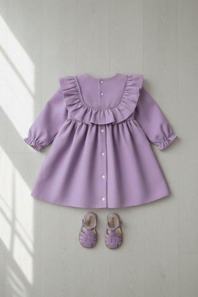 Bertuğ Bebek Lilac Crepe Design Girl's Baby Dress with Ruffle and Ribbon Detail