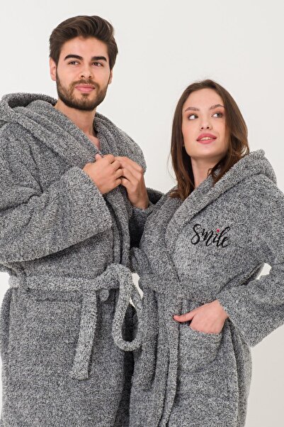 Miespiga Uzun Kapüşonlu Welsoft Gri Peluş Sabahlık Aile Seti