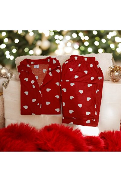 Armella Pamuklu Süet Yeni Yıl Hediyesi Kalp desen, Büyük Beden Pijama Takımı