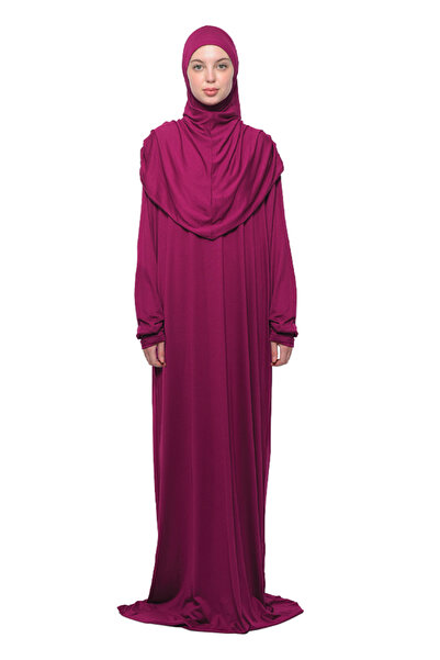 Altobeh فستان صلاة عضوي من قطعة واحدة مصنوع من القطن بأكمام الخفافيش مع وشاح للرأس باللون الفوشيا الداكن