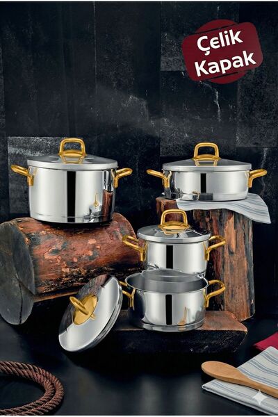 ÖZLİFE طقم أواني طهي بغطاء فولاذي من علياء مكون من 8 قطع، لون ذهبي سادة