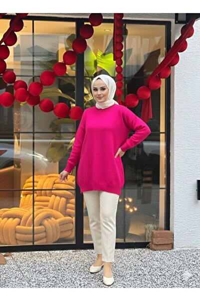 MEİLİN تونيك تريكو فضفاض بياقة دائرية من قماش الميرسيريزد باللون الفوشيا الداكن