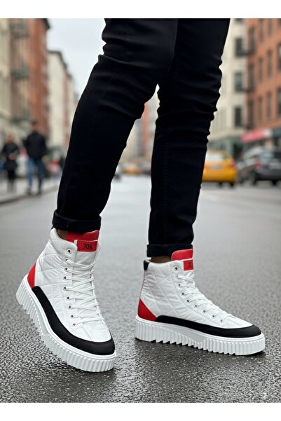 BOA BA0811 BOA Yüksek Taban Beyaz Paraşüt Kumaş Kırmızı Cilt Detaylı Erkek Ayakkabı