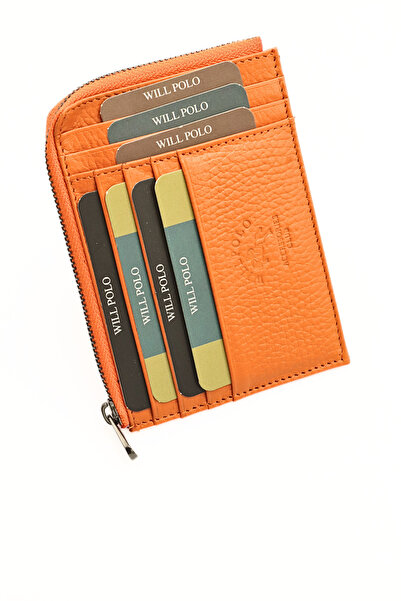 willpolo محفظة نسائية من الجلد الطبيعي باللون البرتقالي وحامل بطاقات مقاس كبير مع حجرة بسحاب