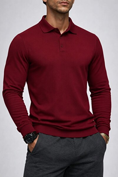 COMBİNE MİCHAİL Erkek Kışlık Rahat Polo Yaka Bordo Kazak