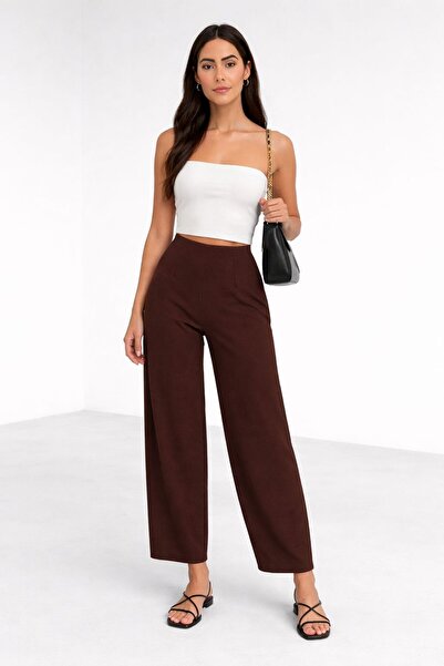 MG GİYİM STORE Crepe Fabric High Waist Balloon Pants Brown Office Casual Stylish