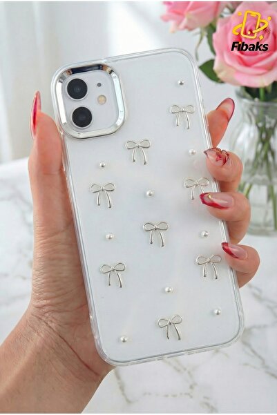 Fibaks Apple iPhone 11 Kılıf Fiyonk Desenli Şeffaf Simli Gümüş Kamera Çıkıntılı Parlak Kapak