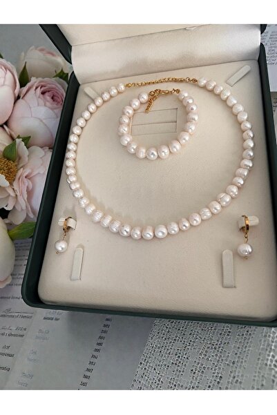 Harikalar Aksesuar Sertifikalı Doğal 10 mm İnci Kolye Bileklik Küpe Set Çelik...