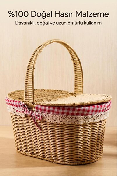 MUJGAN Kapaklı Oval Şekilli İç Astarlı Hasır Piknik Sepeti