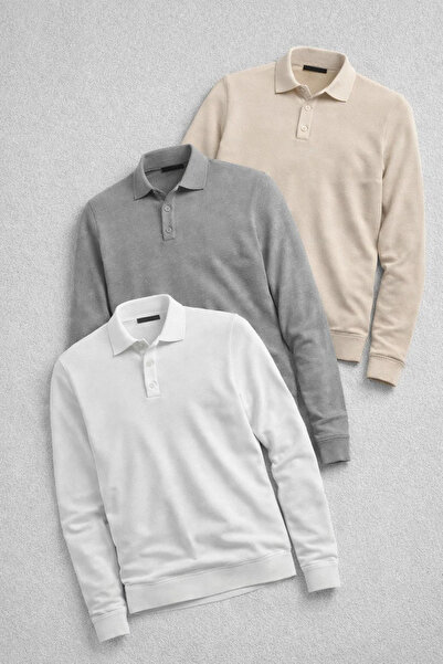 COMBİNE MİCHAİL Men's Basic Casual 3-Piece Polo Neck Knit Sweater