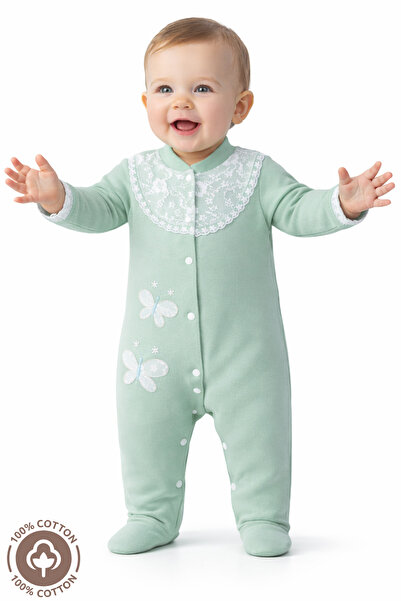 Miniel Kız Bebek Nakışlı Güpür Detaylı 3-6-9 Ay Penye Organik Pamuklu Patikli...